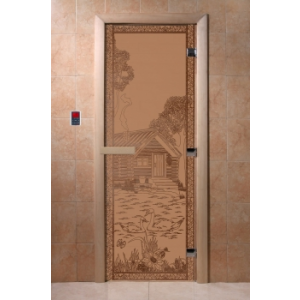 Дверь левая, стеклянная "Банька в лесу" Бронза матовая, заказ, ширина 0,7 м